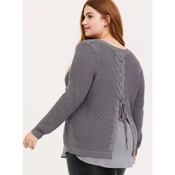 TORRID Grey Knit V-Neck Lace-Up Back 2fer Tunic Sweater sz 1X - Picture 10 of 12
